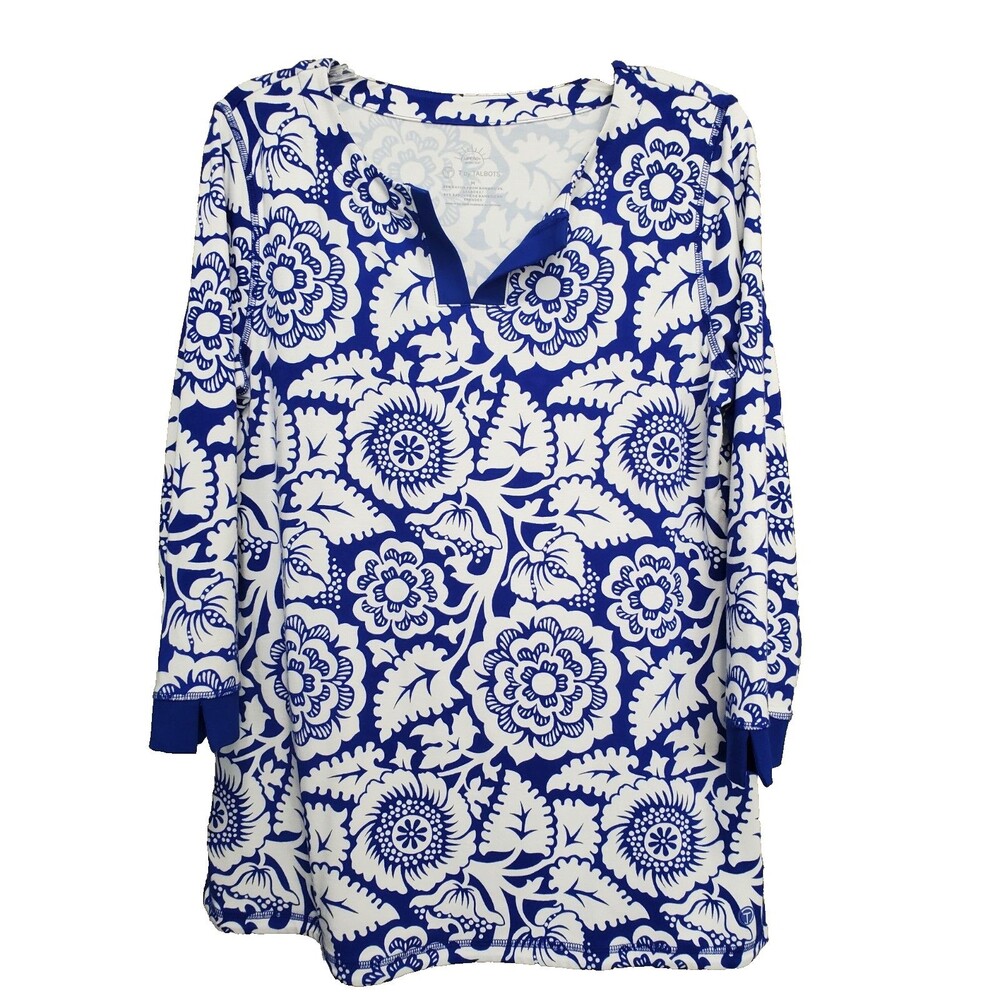 T By Talbots UPF 50+ Blue Floral Bamboo Rayon Blend Tunic Top Medium